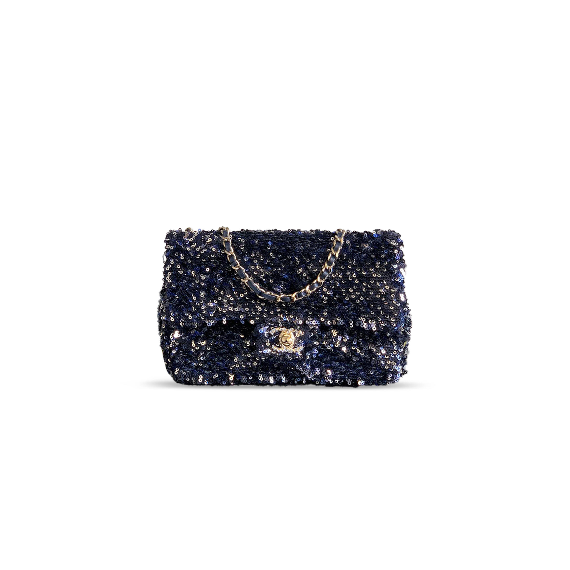 Ch*el flap bag sequins & gold-tone metal golden & night blue as4561 (21*14*8cm)